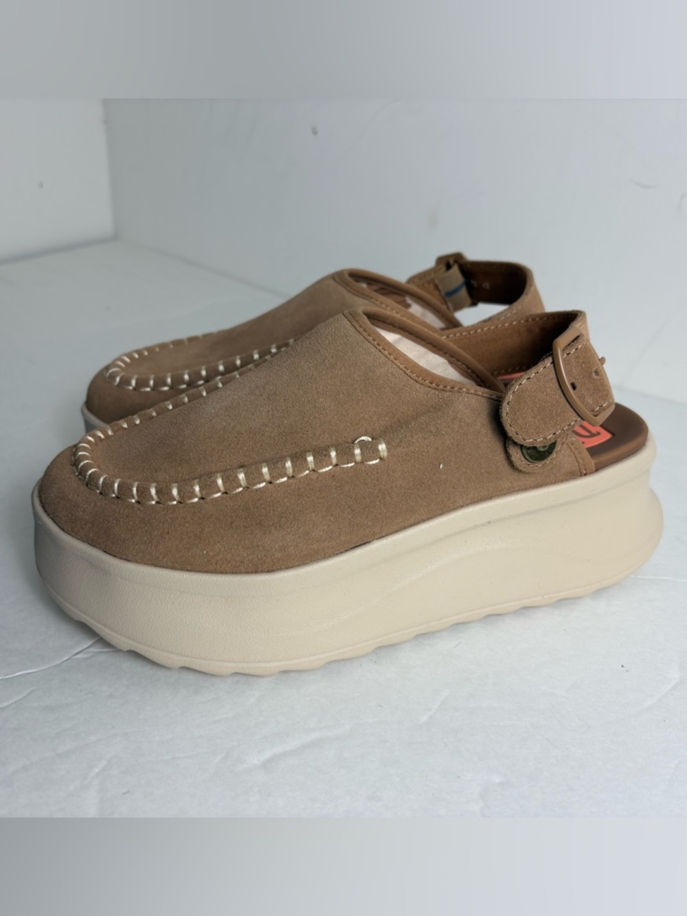Hey Dude Tan Suede Platform Slingback Clogs